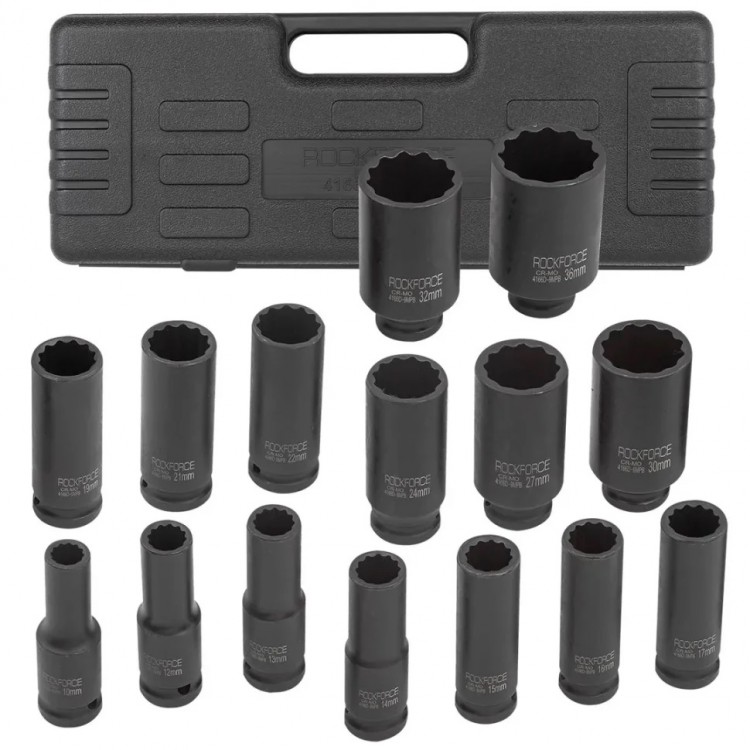 КОМПЕКТ ДЪЛБОКИ УДАРНИ ВЛОЖКИ 12-СТЕННИ 1/2″ (10 – 36 мм) 15 ЧАСТИ ROCKFORCE