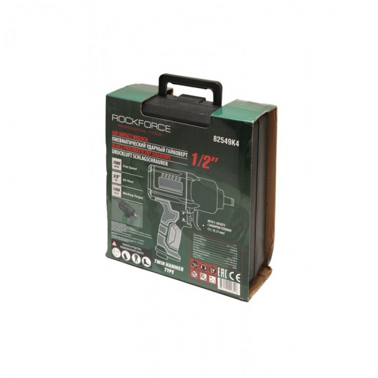 Пневматичен гайковерт с къс шпиндел 1450 Nм 1/2" с вложки и куфар RockForce