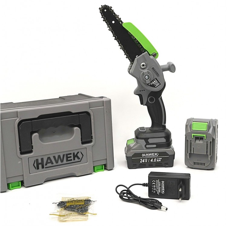 Акумулаторен мини верижен трион 24V 4Ah с 15 см шина HAWEK