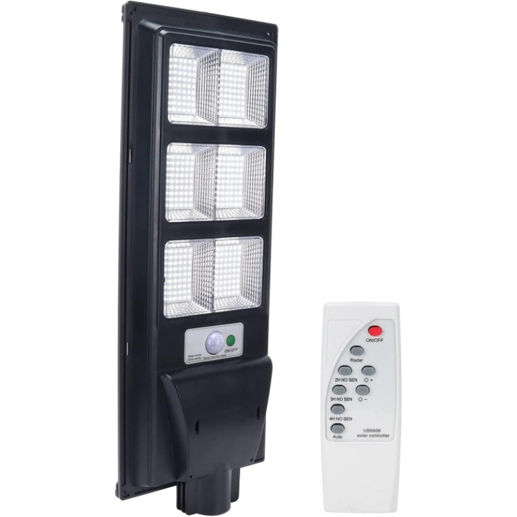 Улична соларна лампа Jortan със соларен панел и стойка, 300W, IP66, 12-16 часа автономия, Батерия 15 000mAh, 6500K, Черен 