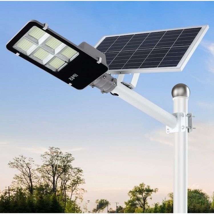 Улична соларна лампа Jortan със соларен панел и стойка, 400W, IP66, 12-16 часа автономия, Соларен панел 28W, Батерия 30 000mAh, 6500K, Черен 