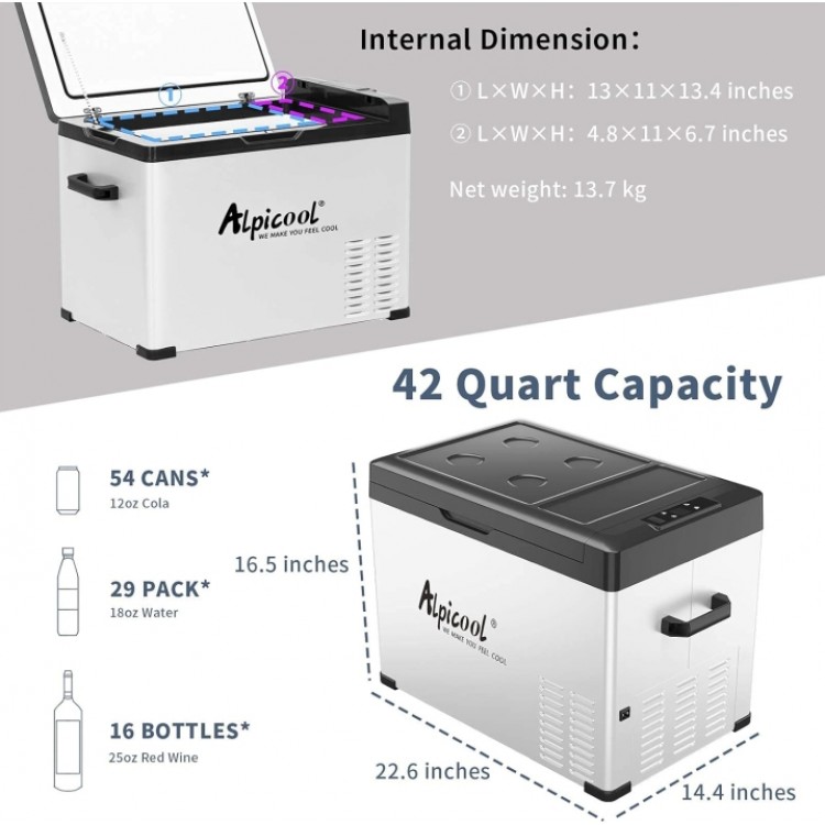 AlpiCool 40L Портативен Компресорен хладилник 40 литра 12V 24V 220V, Хладилна Кутия, Фризер